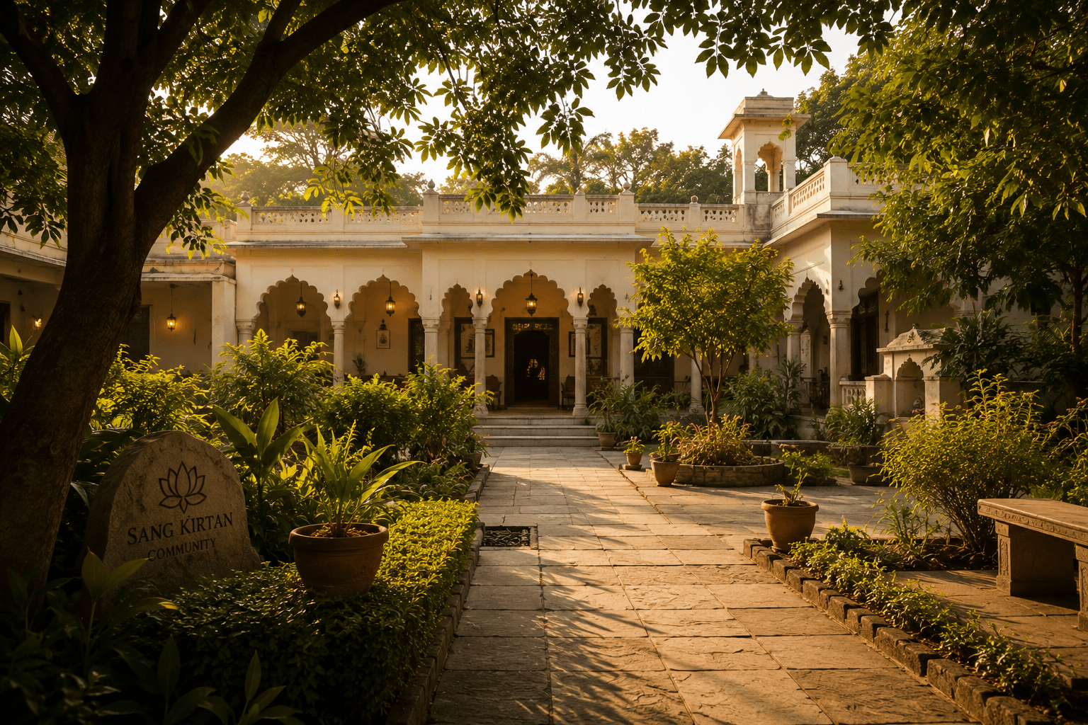 A community space surrounded by gardens